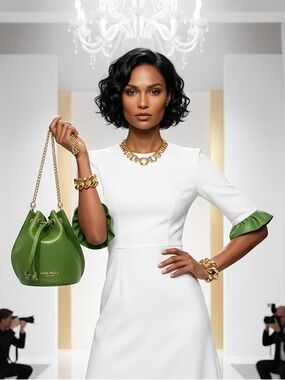 Purse -ANNA PAOLA Green Italian Leather Midi Drawstring Bag